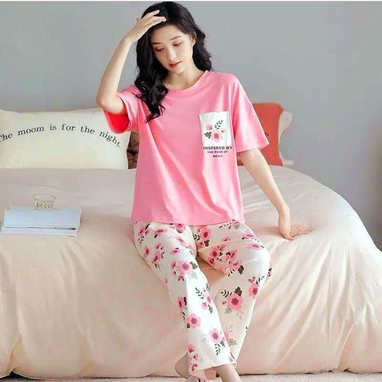 Women Printed Cotton Night Suit Pink 2Pcs