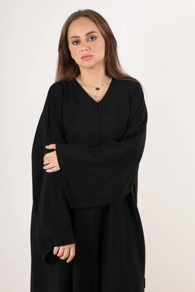 Black V-Neck Abaya for Women 57" Length Nida Fabric
