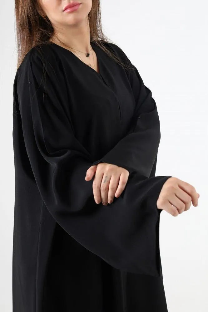 Black V-Neck Abaya for Women 57" Length Nida Fabric