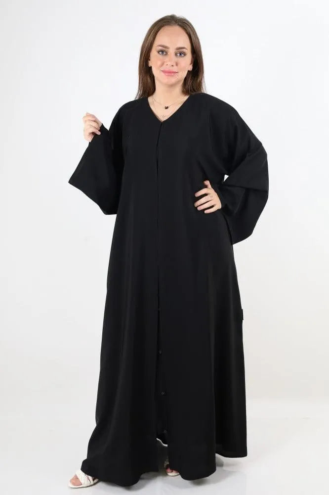 Black V-Neck Abaya for Women 57" Length Nida Fabric