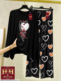 Women Printed Night Suit Black Heart Design 2 Pcs