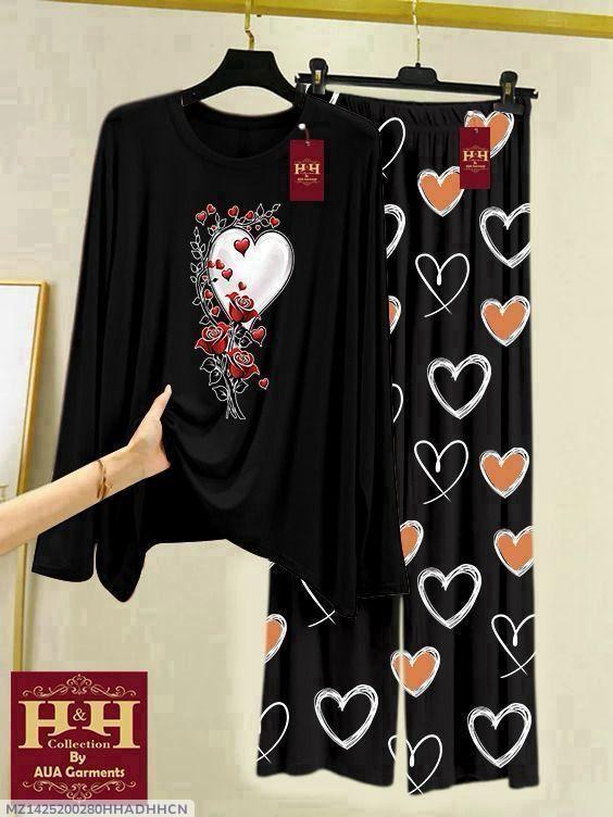 Women Printed Night Suit Black Heart Design 2 Pcs