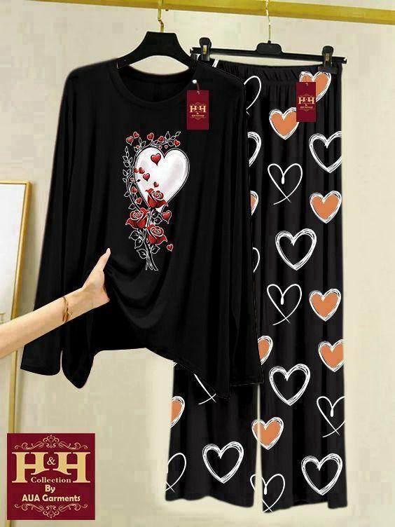 Women Printed Night Suit Black Heart Design 2 Pcs