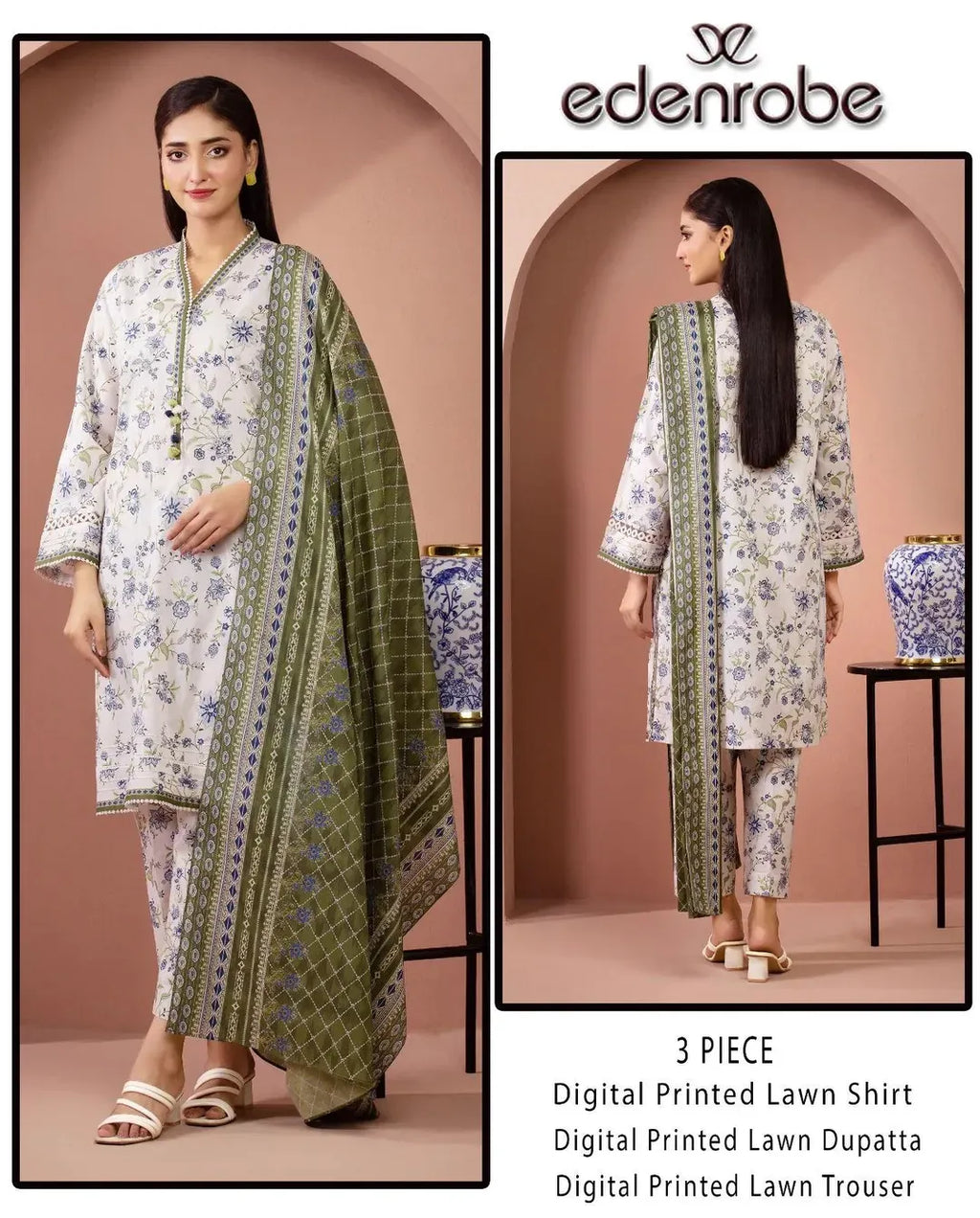 3 Piece Digital Printed Lawn Suit Beige M034