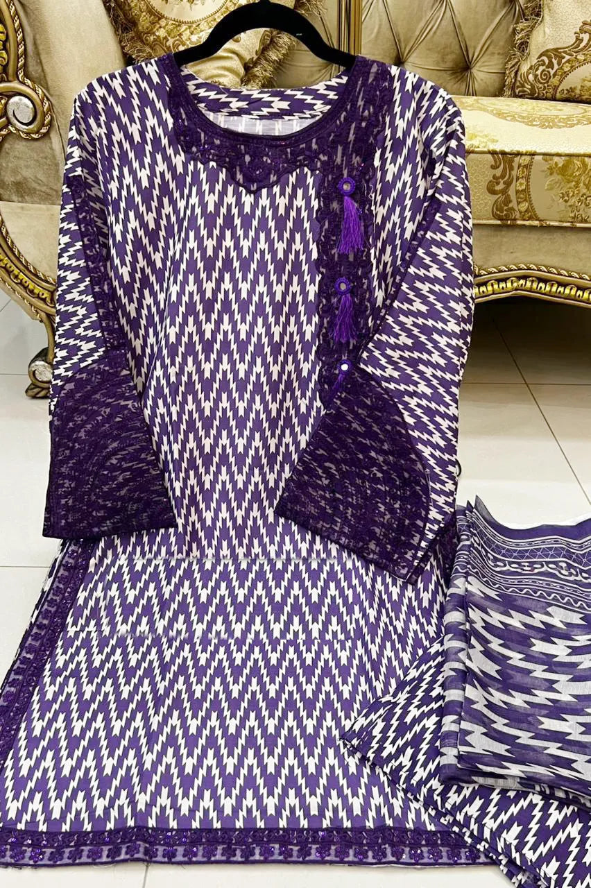 3 Pcs Women's Stitched Dobby Lawn Printed Suit M018