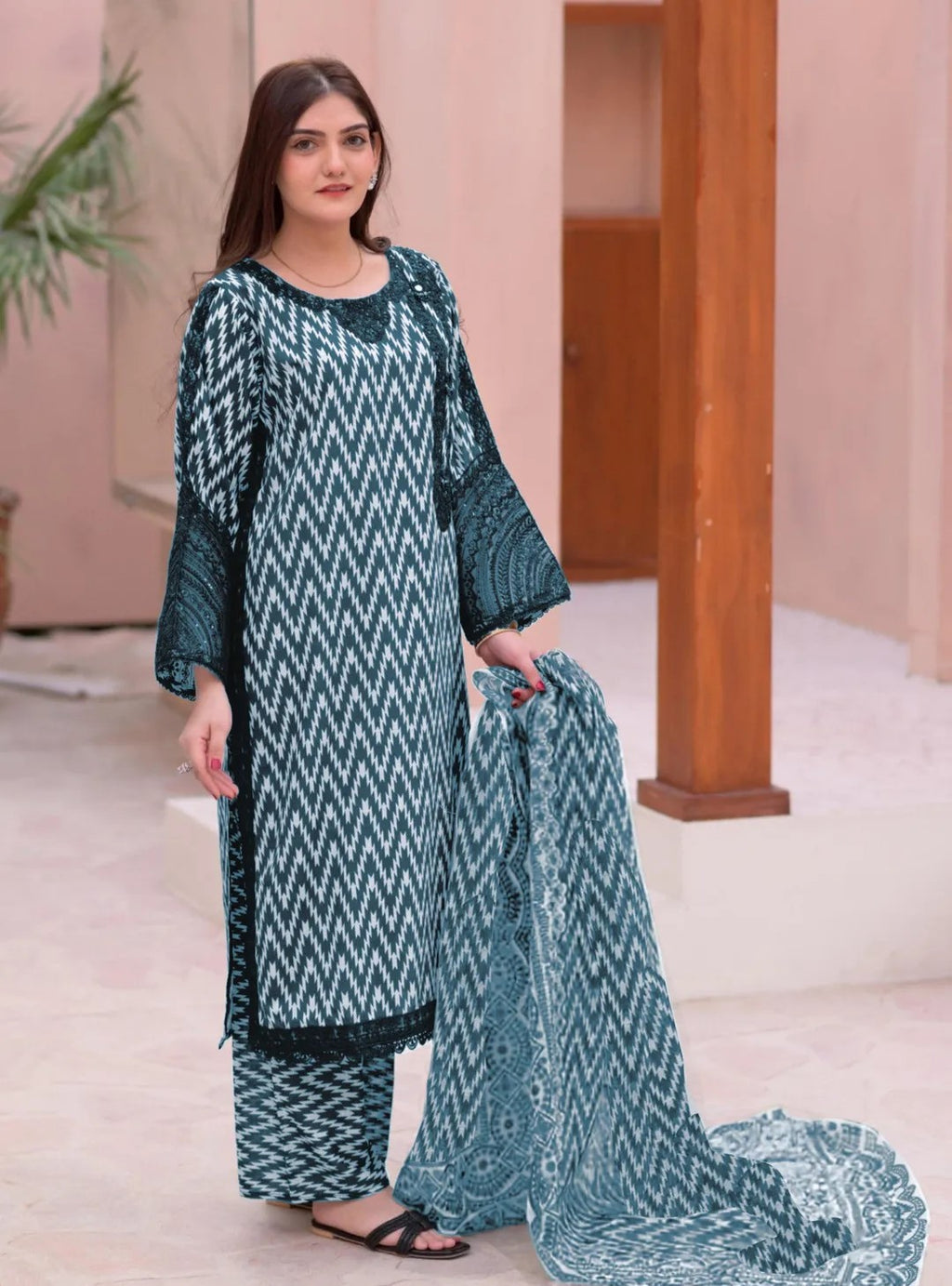 3 Pcs Women's Stitched Dobby Lawn Printed Suit M021