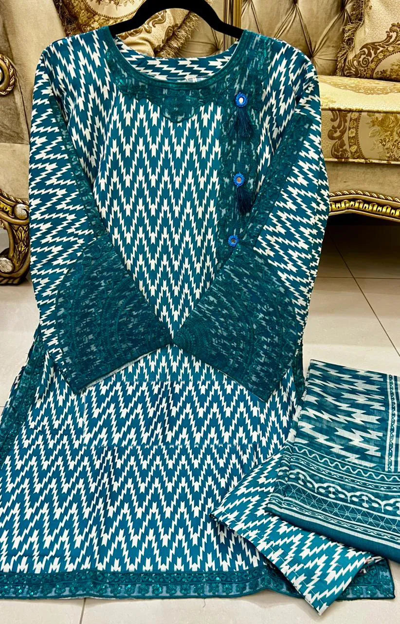 3 Pcs Women's Stitched Dobby Lawn Printed Suit M021