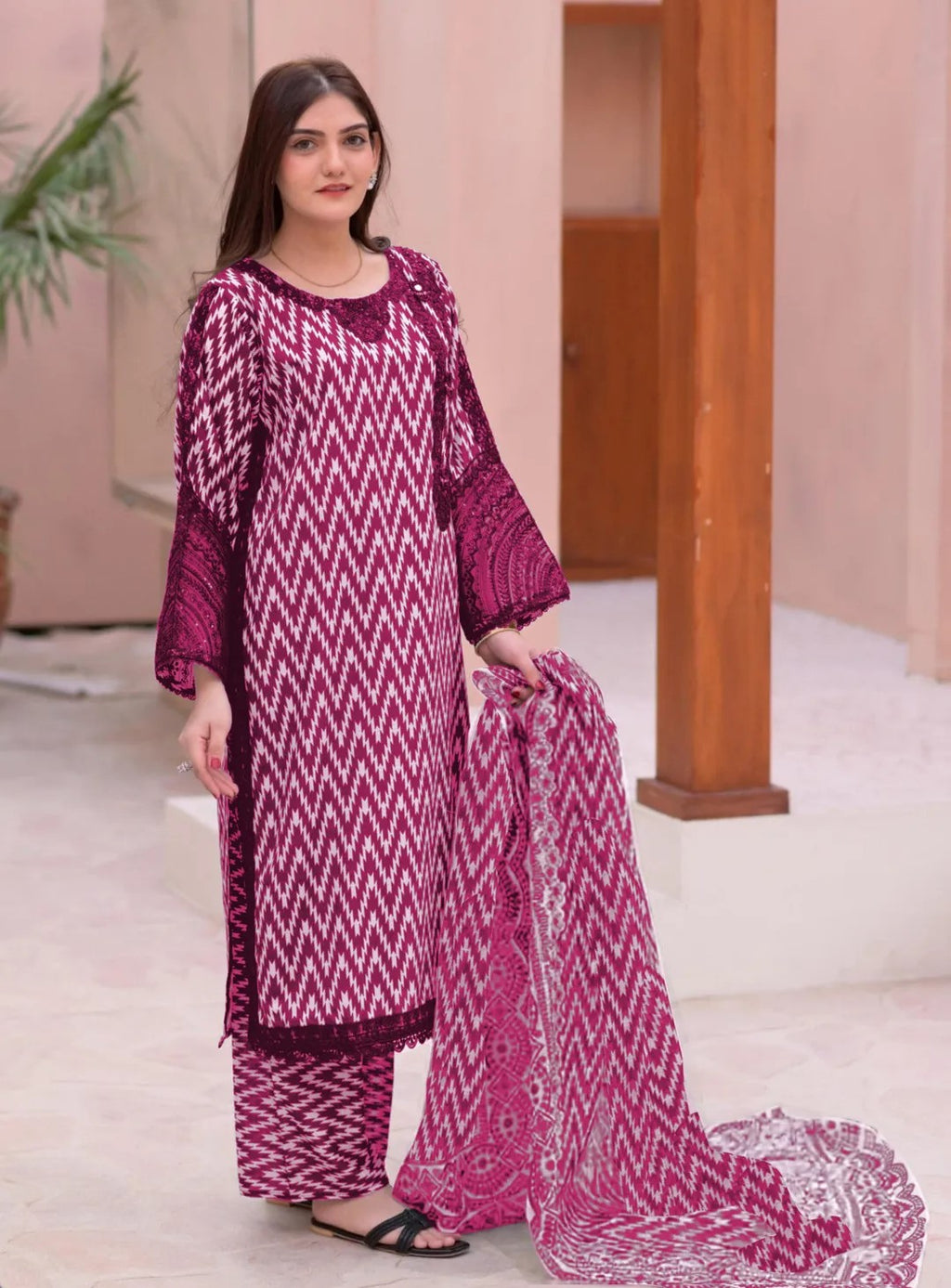 3 Pcs Women's Stitched Dobby Lawn Printed Suit M019