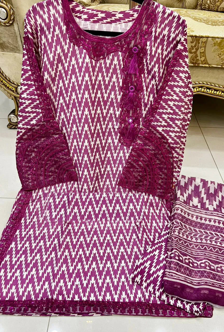 3 Pcs Women's Stitched Dobby Lawn Printed Suit M019