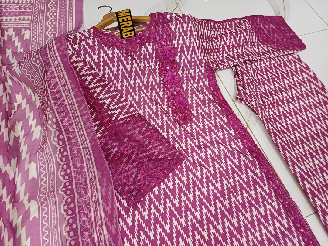3 Pcs Women's Stitched Dobby Lawn Printed Suit M019