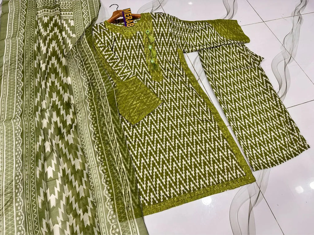3 Pcs Women's Stitched Dobby Lawn Printed Suit M020