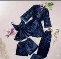 Blue Lace Nighty Set 4 Pcs Silk Satin