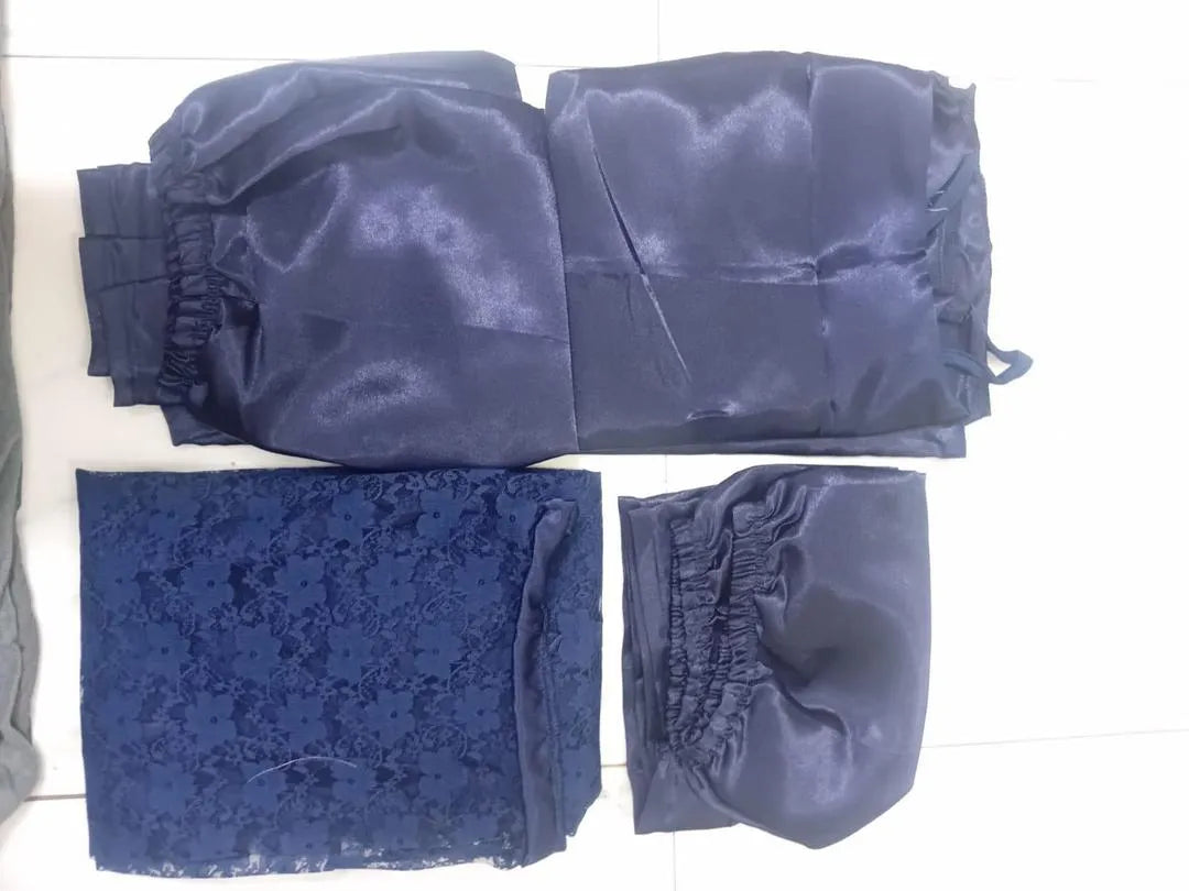 Blue Lace Nighty Set 4 Pcs Silk Satin