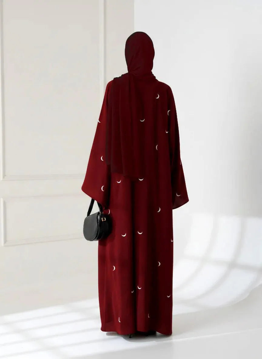 Maroon Georgette Embroidered Abaya with Moon Design
