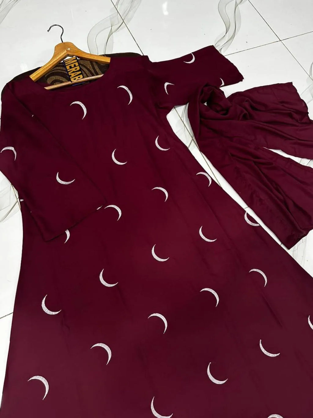 Maroon Georgette Embroidered Abaya with Moon Design