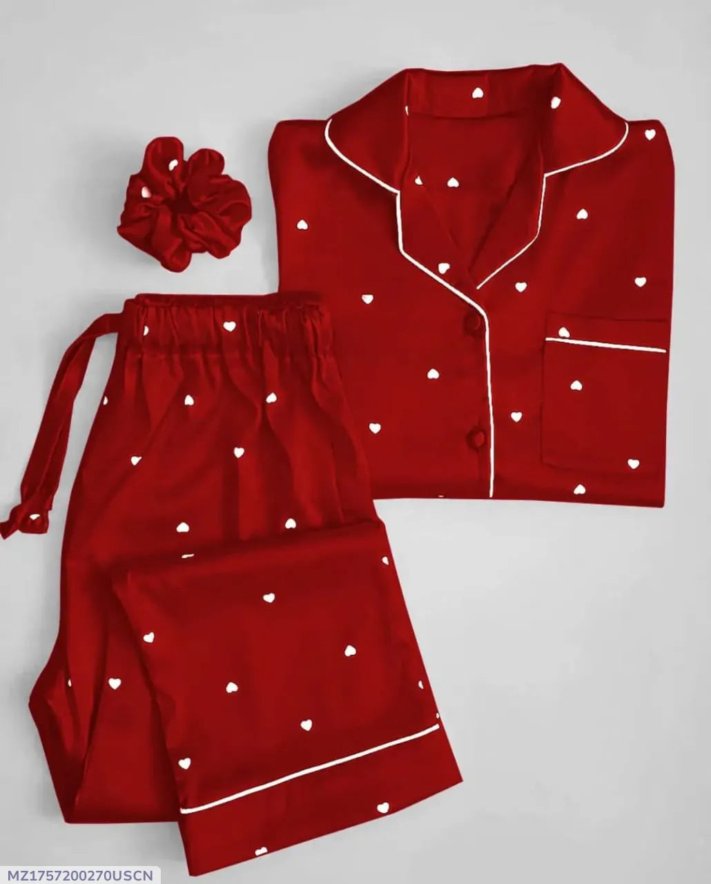 Heart Print Piping work on Shirt and Trouser Night Suit 3PCs (With scrunch)