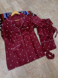Heart Print Piping work on Shirt and Trouser Night Suit 3PCs (With scrunch)