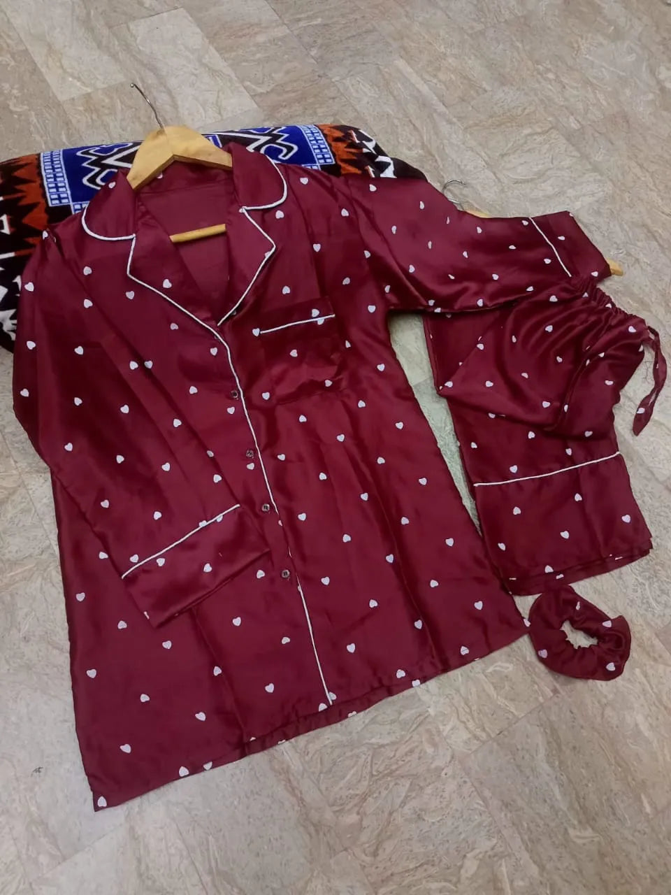 Heart Print Piping work on Shirt and Trouser Night Suit 3PCs (With scrunch)