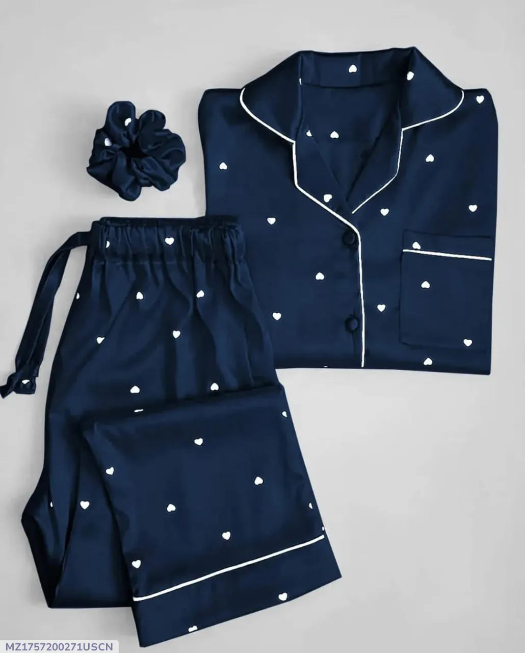 Heart Print Piping work on Shirt and Trouser Night Suit 3PCs (With scrunch)