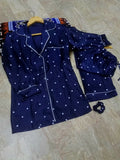 Heart Print Piping work on Shirt and Trouser Night Suit 3PCs (With scrunch)