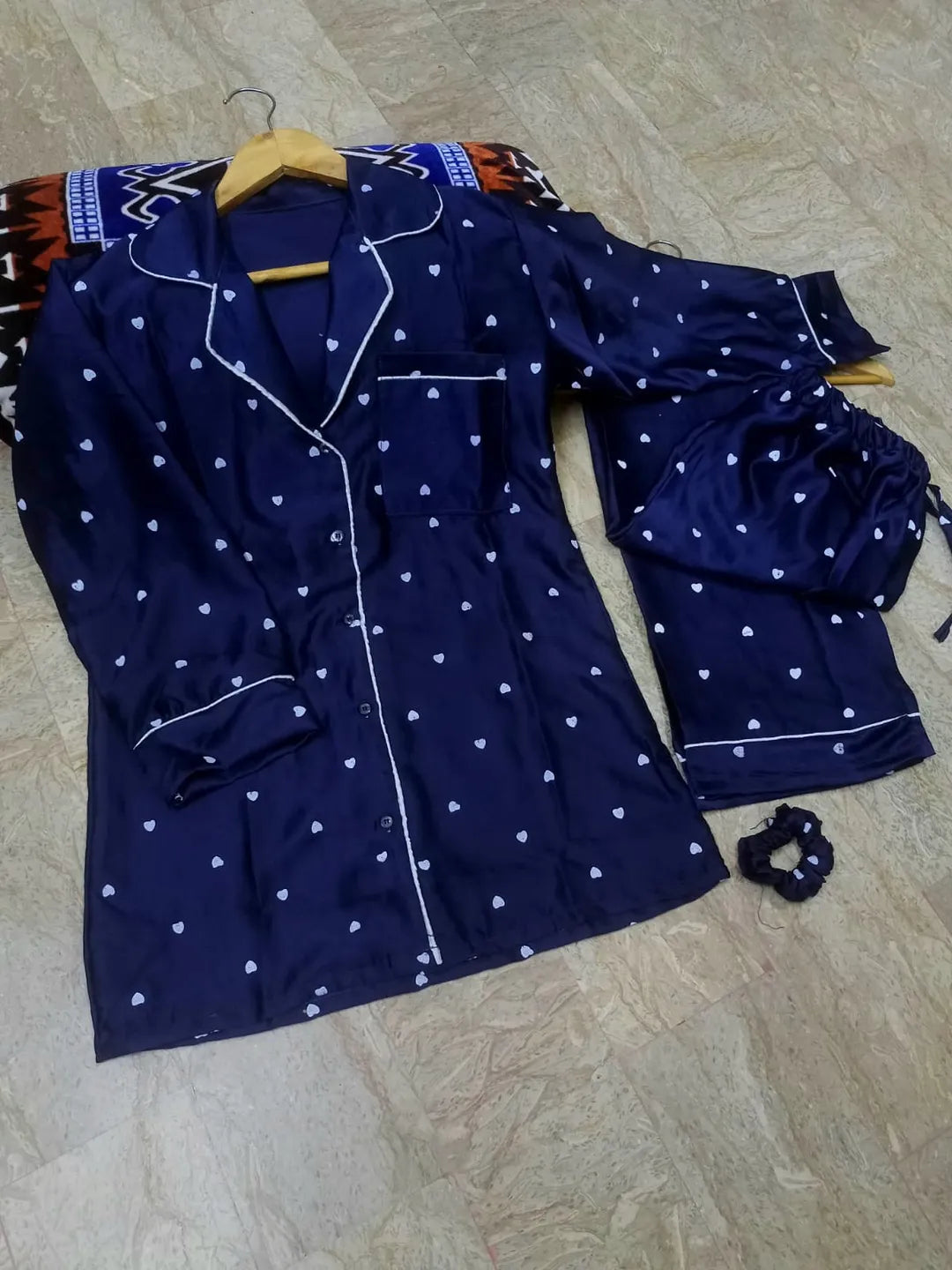 Heart Print Piping work on Shirt and Trouser Night Suit 3PCs (With scrunch)