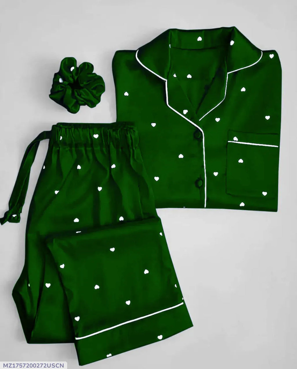 Heart Print Piping work on Shirt and Trouser Night Suit 3PCs (With scrunch)