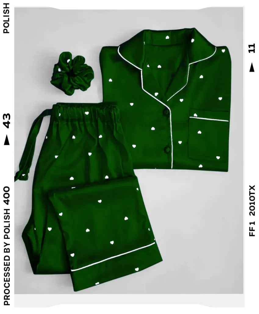 Heart Print Piping work on Shirt and Trouser Night Suit 3PCs (With scrunch)