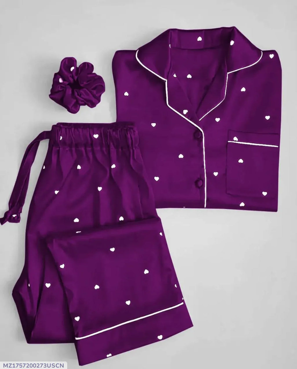 Heart Print Piping work on Shirt and Trouser Night Suit 3PCs (With scrunch)