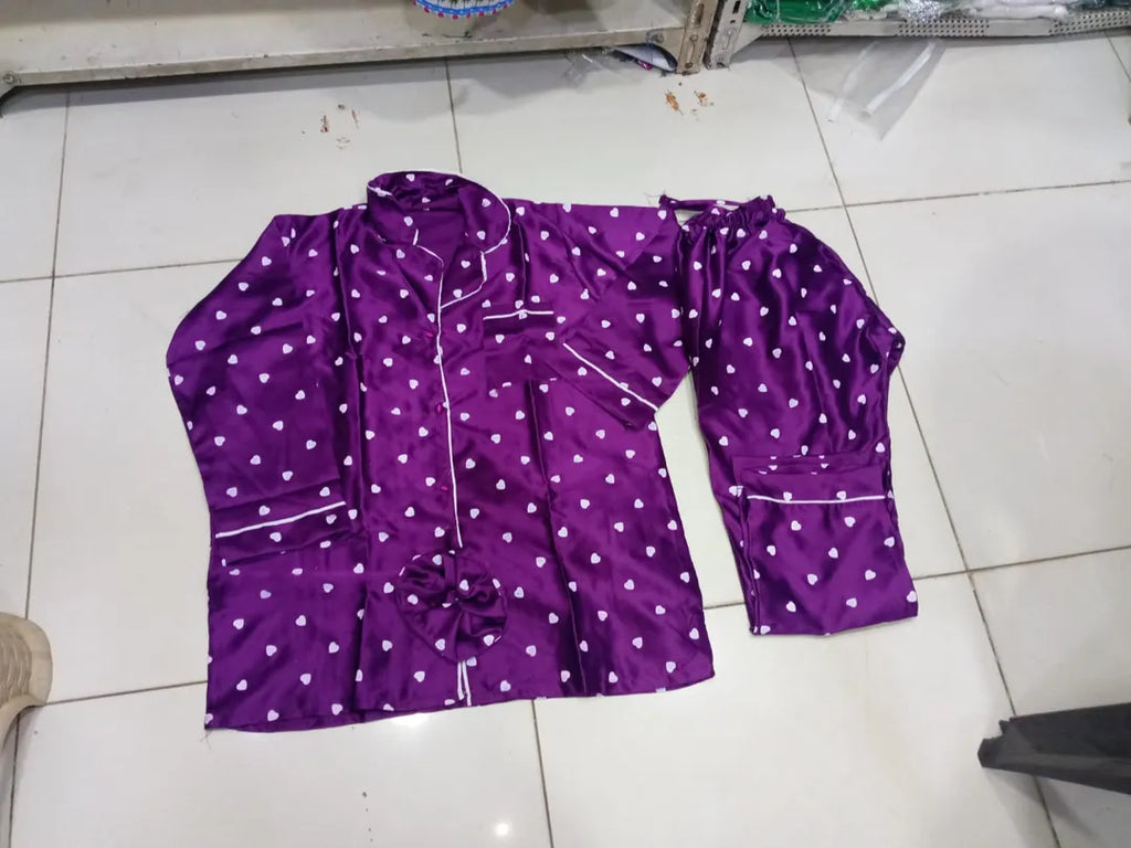 Heart Print Piping work on Shirt and Trouser Night Suit 3PCs (With scrunch)