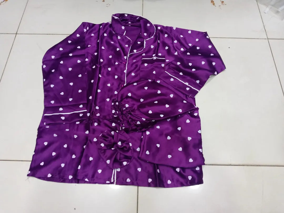 Heart Print Piping work on Shirt and Trouser Night Suit 3PCs (With scrunch)