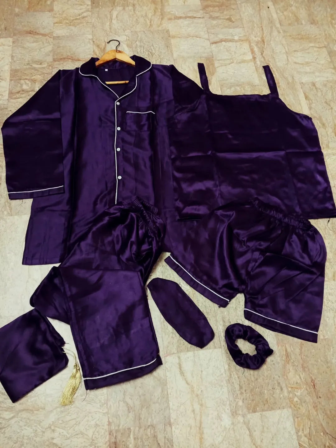 7 Pcs Women's Stitched Silk Piping Night suit