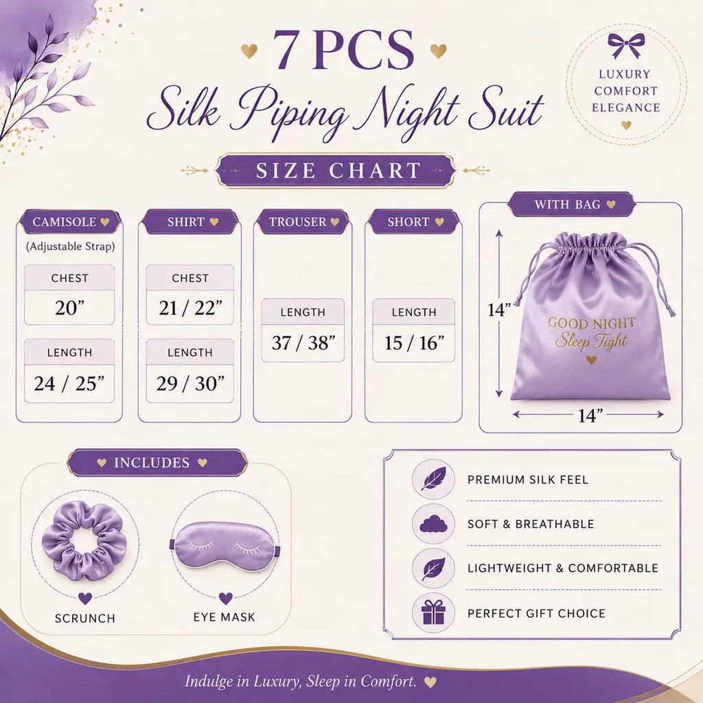 7 Pcs Women's Stitched Silk Piping Night suit