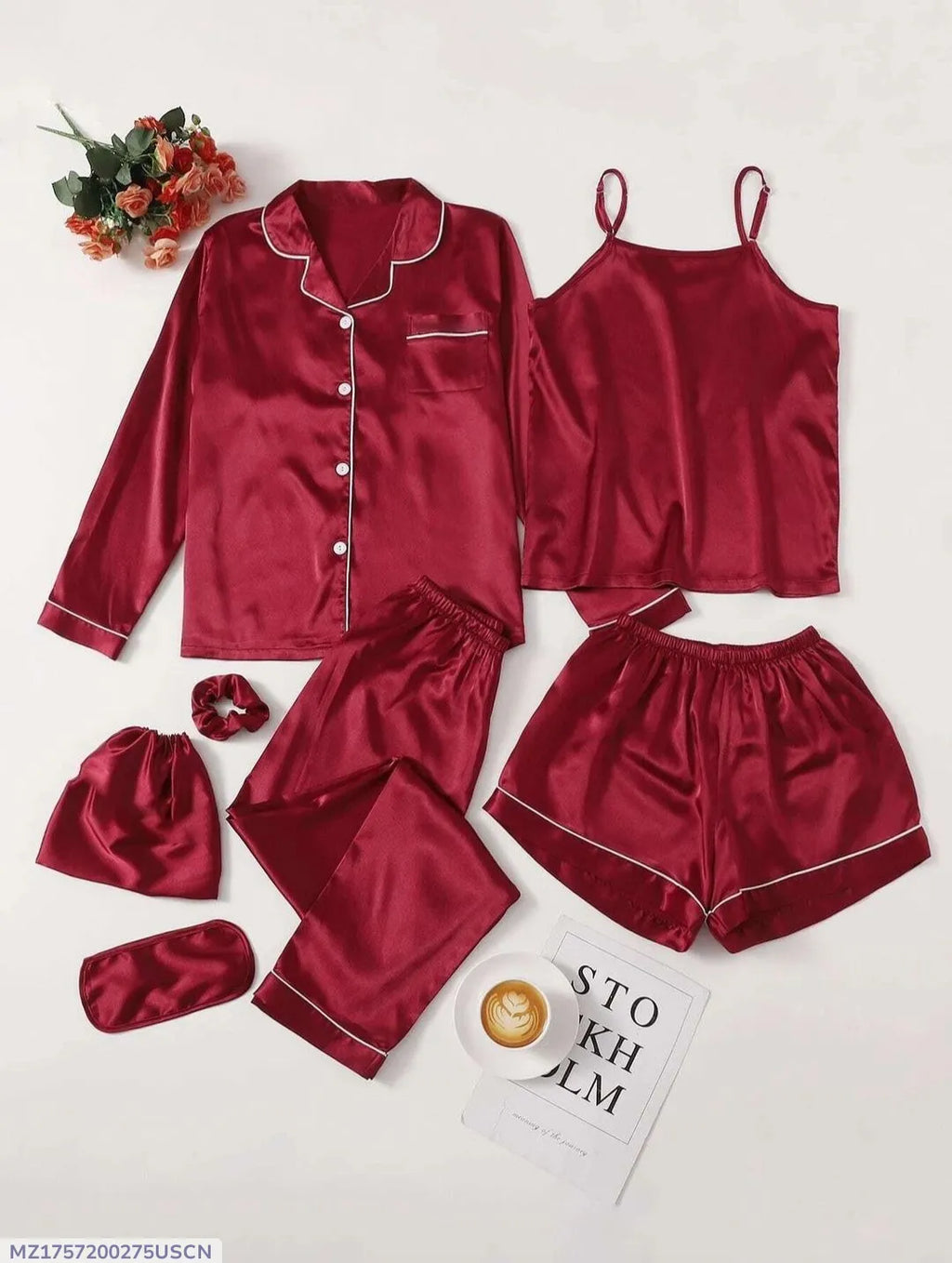 7 Pcs Women's Stitched Silk Piping Night suit