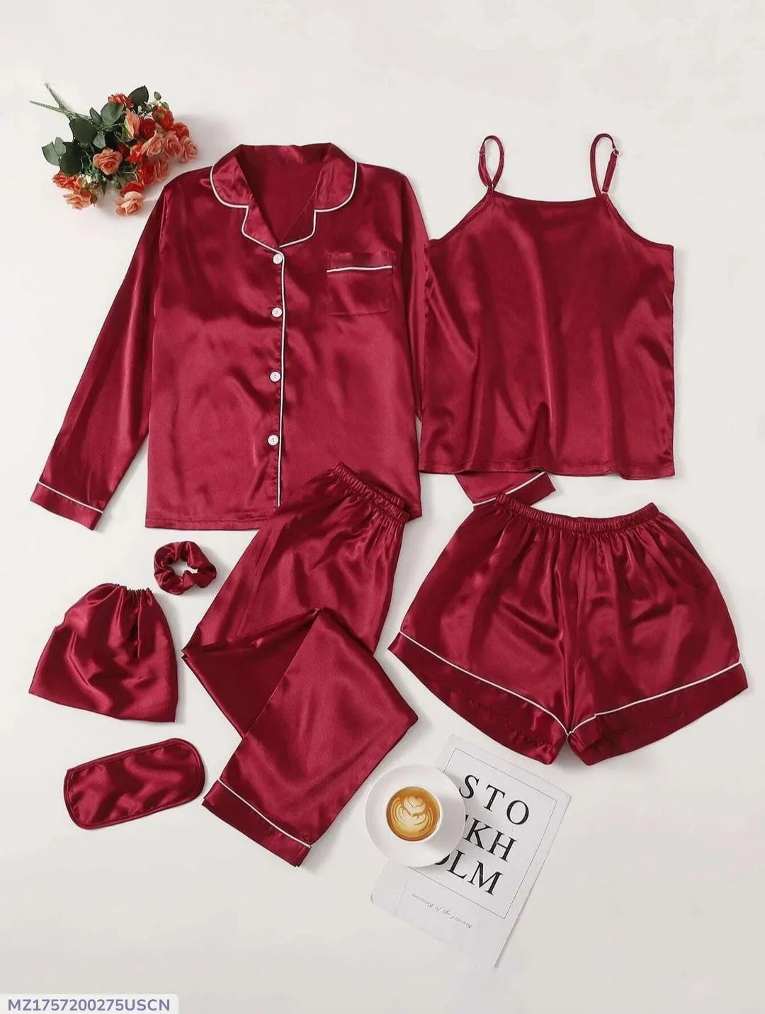 7 Pcs Women's Stitched Silk Piping Night suit
