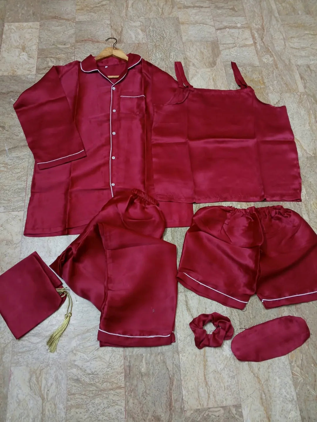 7 Pcs Women's Stitched Silk Piping Night suit