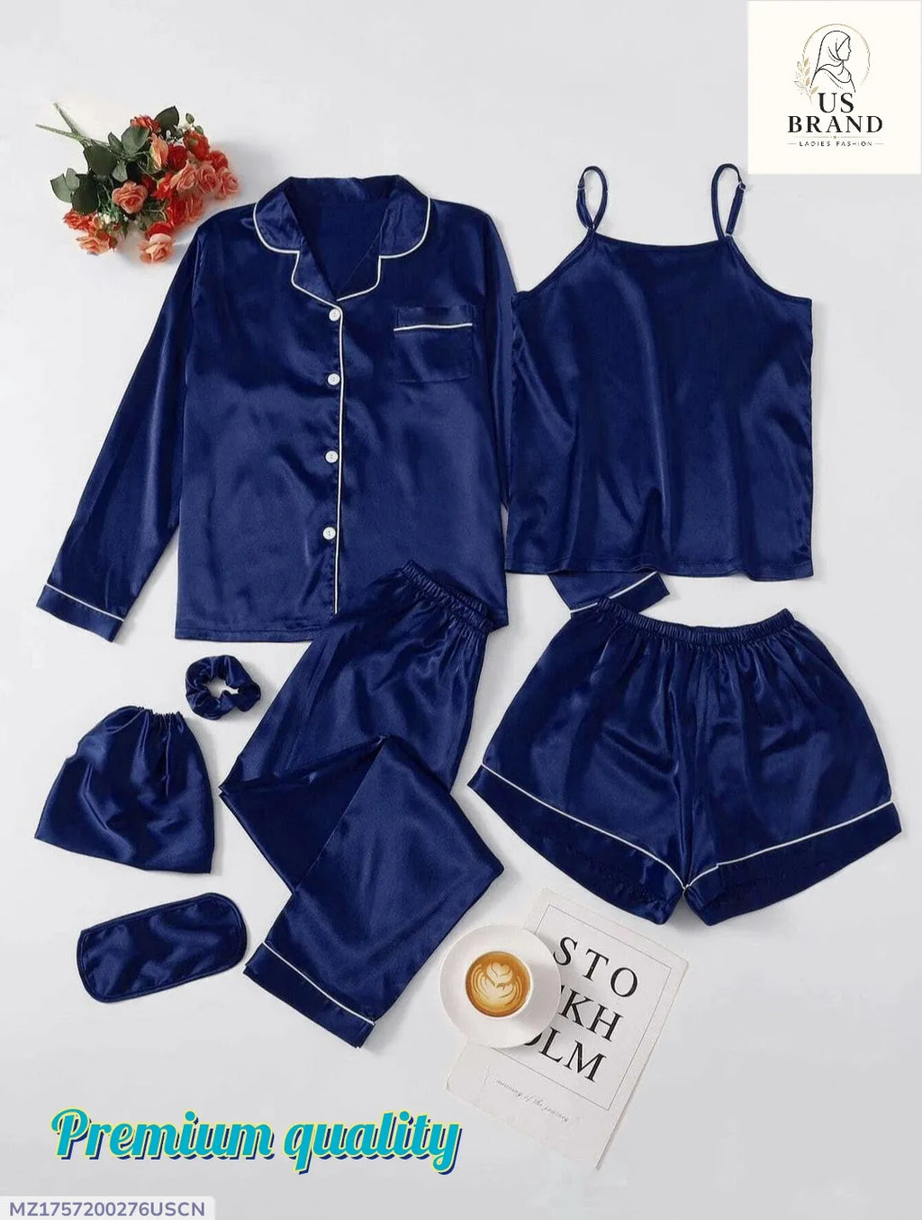 7 Pcs Women's Stitched Silk Piping Night suit