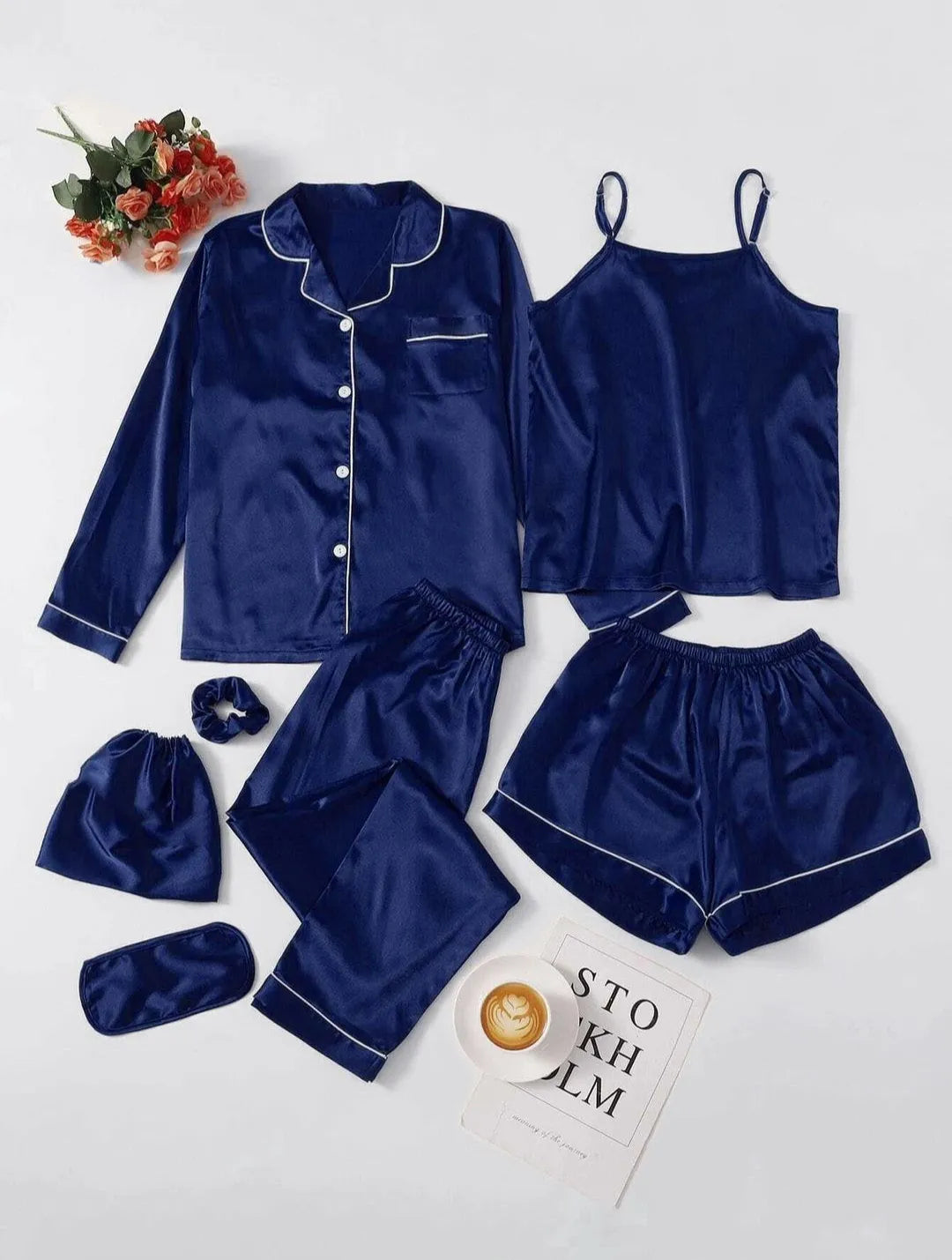 7 Pcs Women's Stitched Silk Piping Night suit