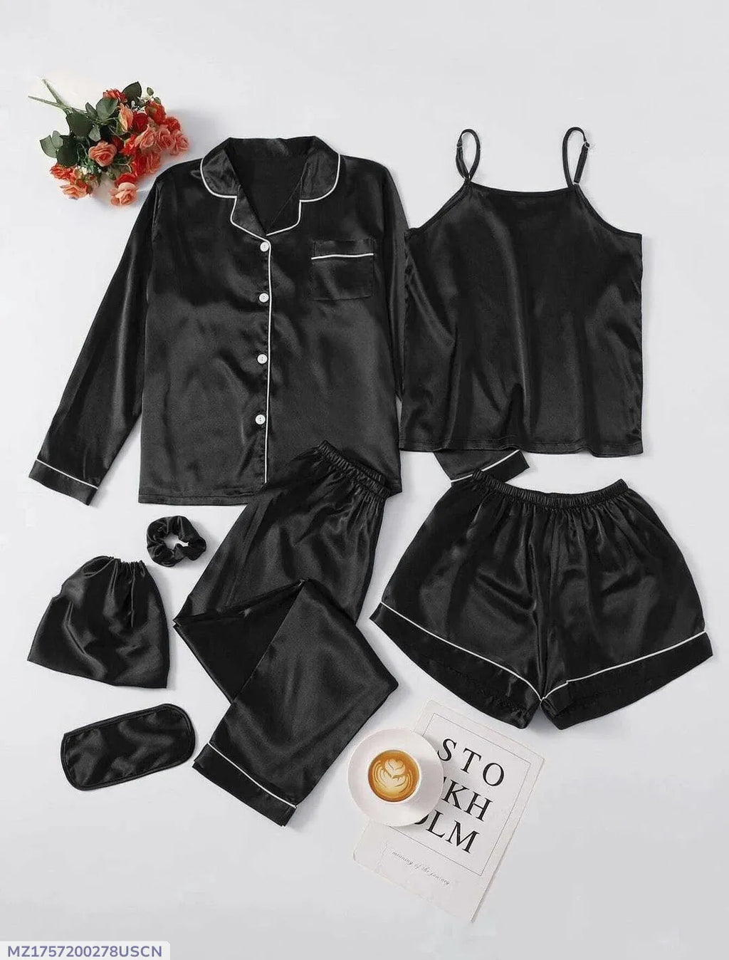 7 Pcs Women's Stitched Silk Piping Night suit