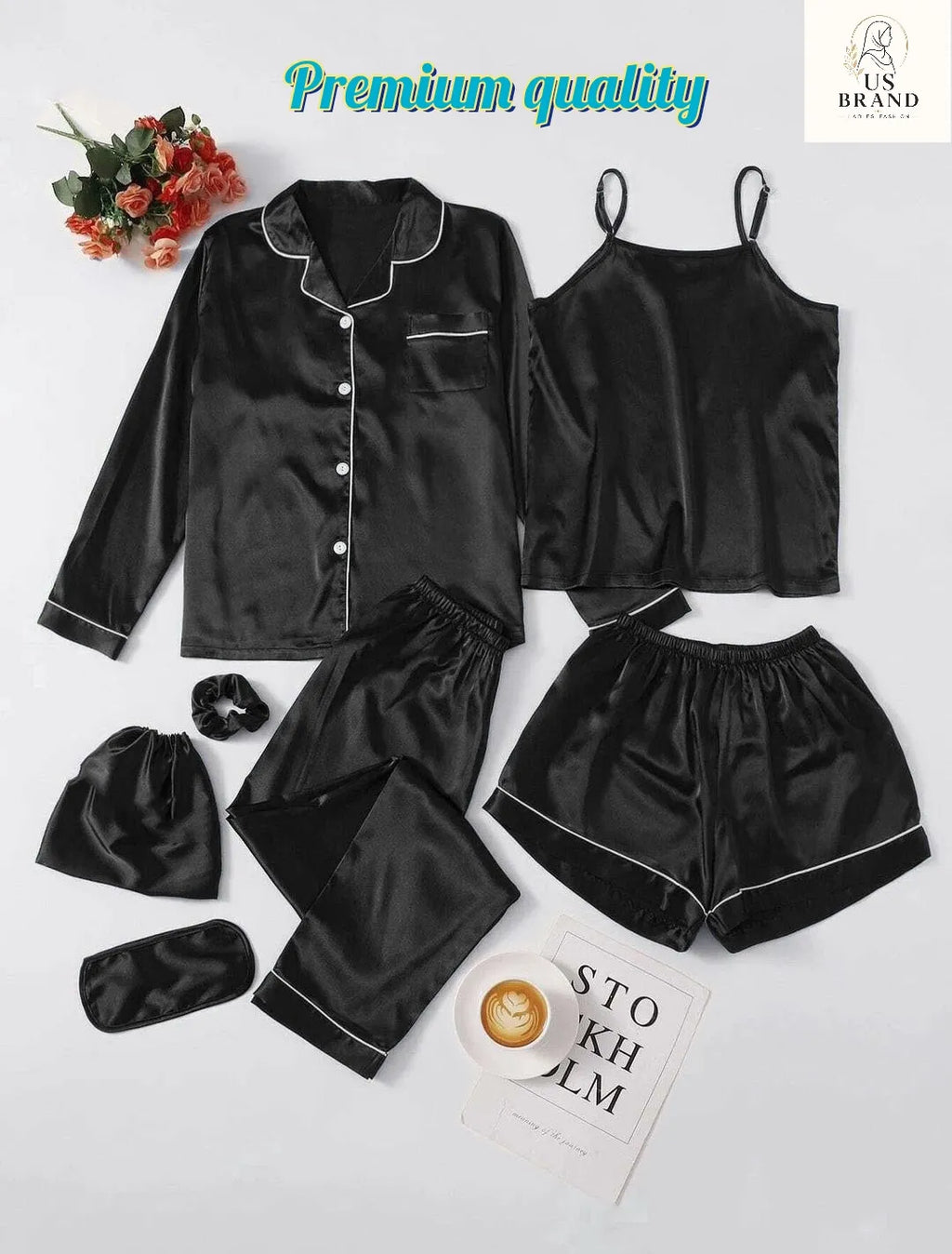 7 Pcs Women's Stitched Silk Piping Night suit