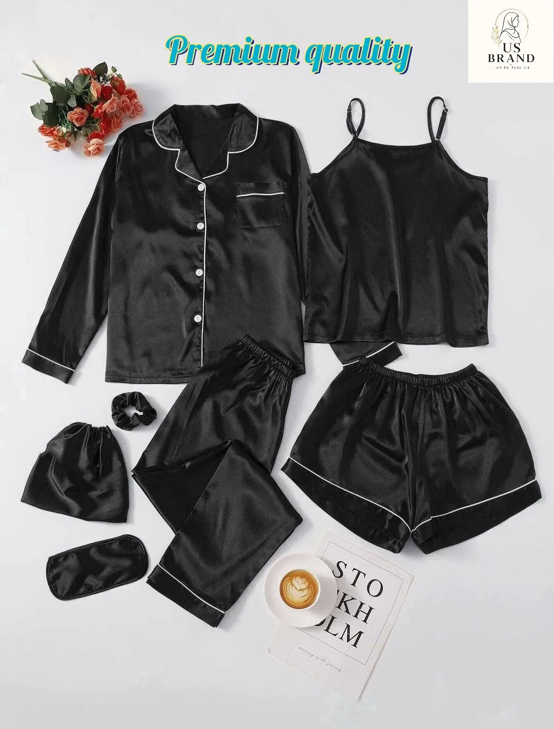 7 Pcs Women's Stitched Silk Piping Night suit