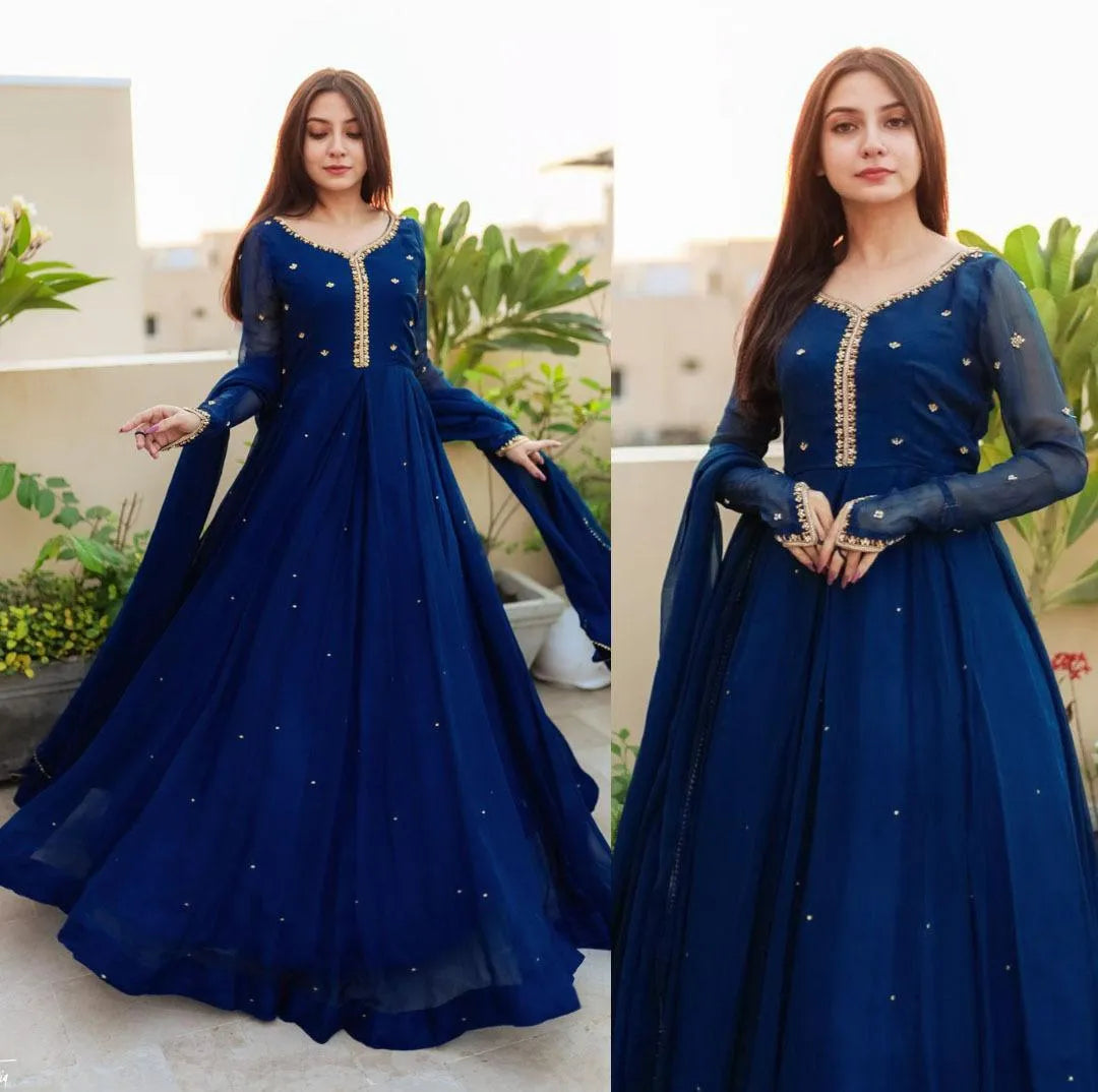 Blue Embroidered Chiffon Maxi Suit 3Pcs with Lace Dupatta M038
