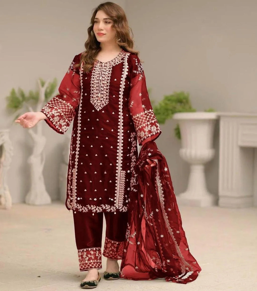 Maroon Embroidered 3-Piece Suit for Women M026