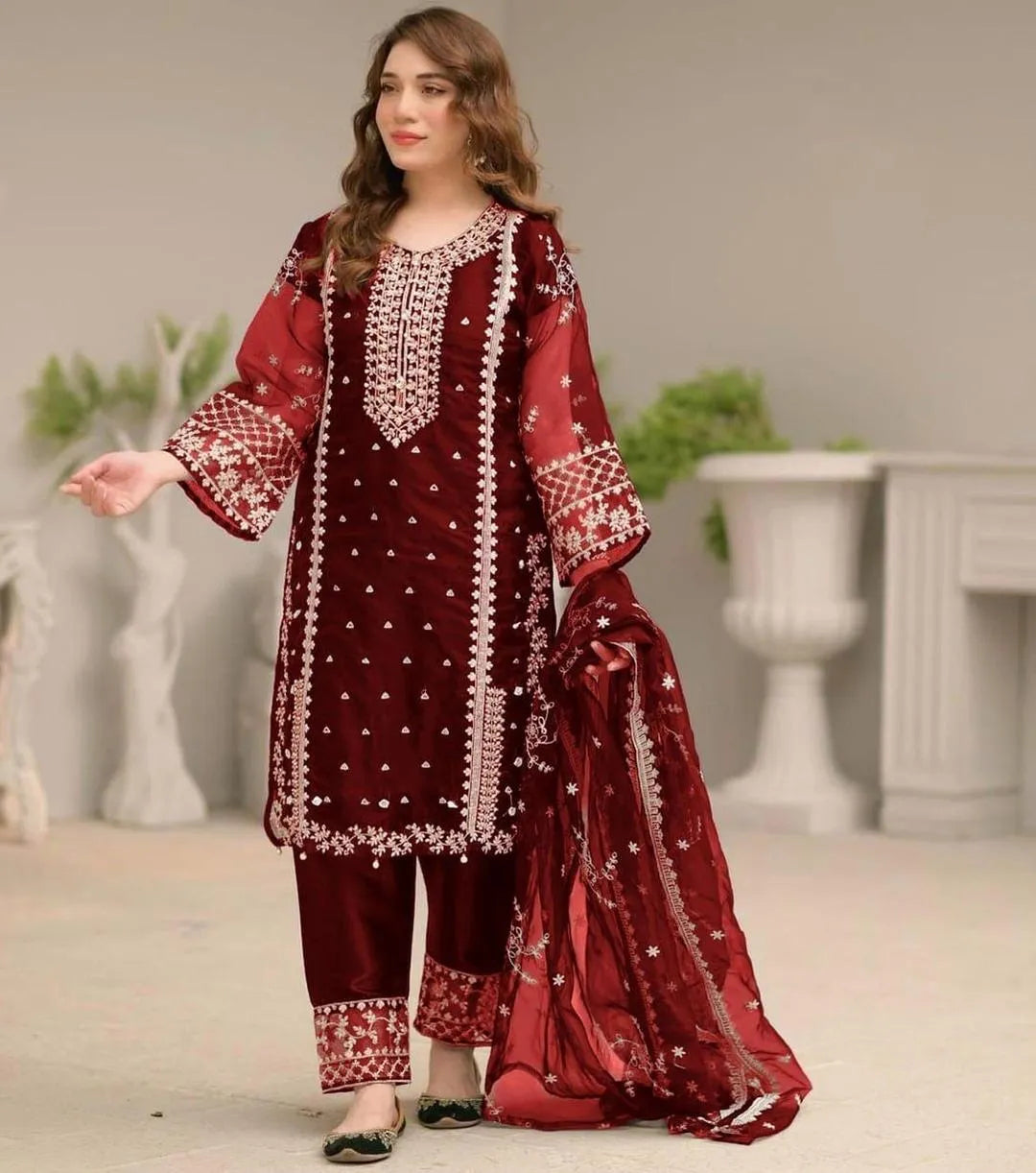 Maroon Embroidered 3-Piece Suit for Women M026