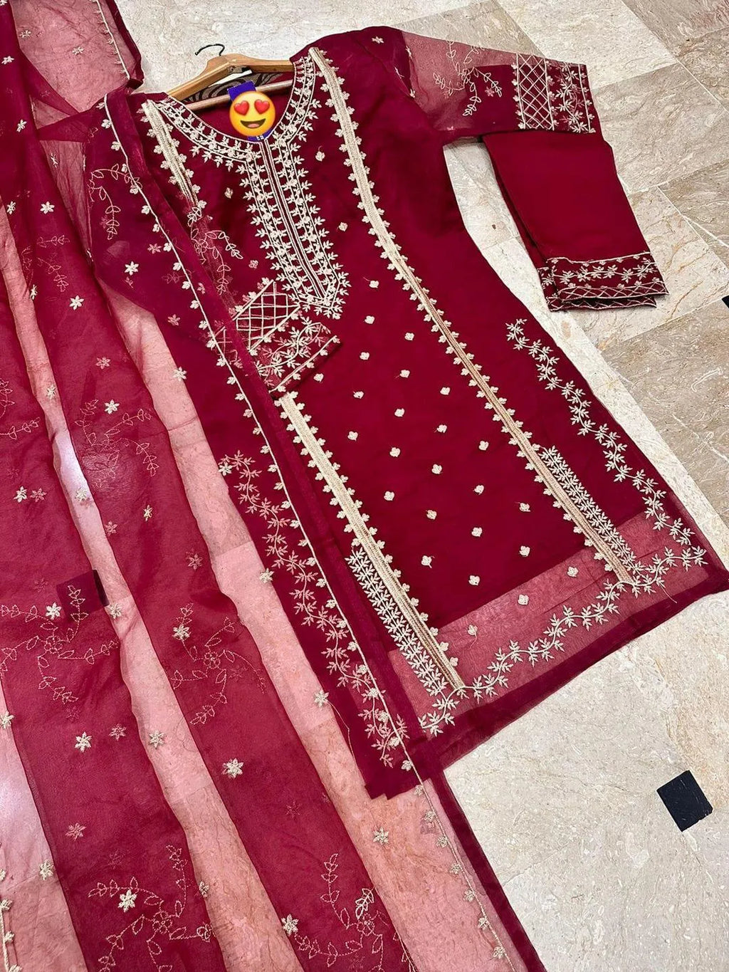 Maroon Embroidered 3-Piece Suit for Women M026