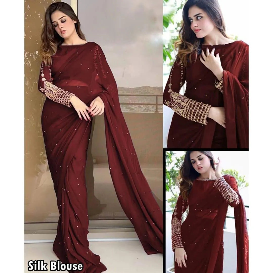Maroon Silk Sequin Blouse Saree Set for Weddings M037
