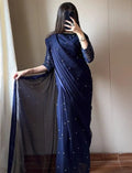 Blue Chiffon Saree with Sequins & Pearls for Weddings M039