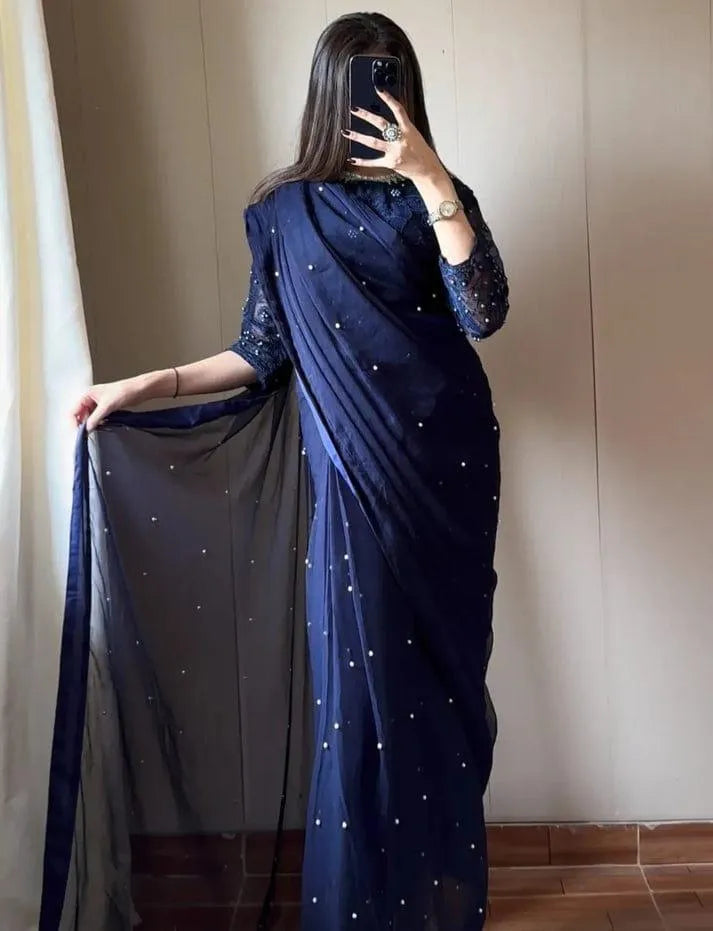 Blue Chiffon Saree with Sequins & Pearls for Weddings M039