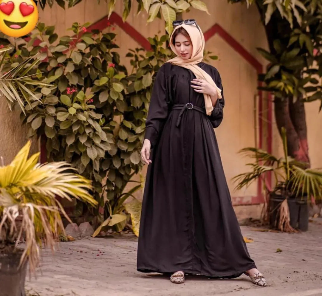 Black Georgette Abaya with Belt for Women