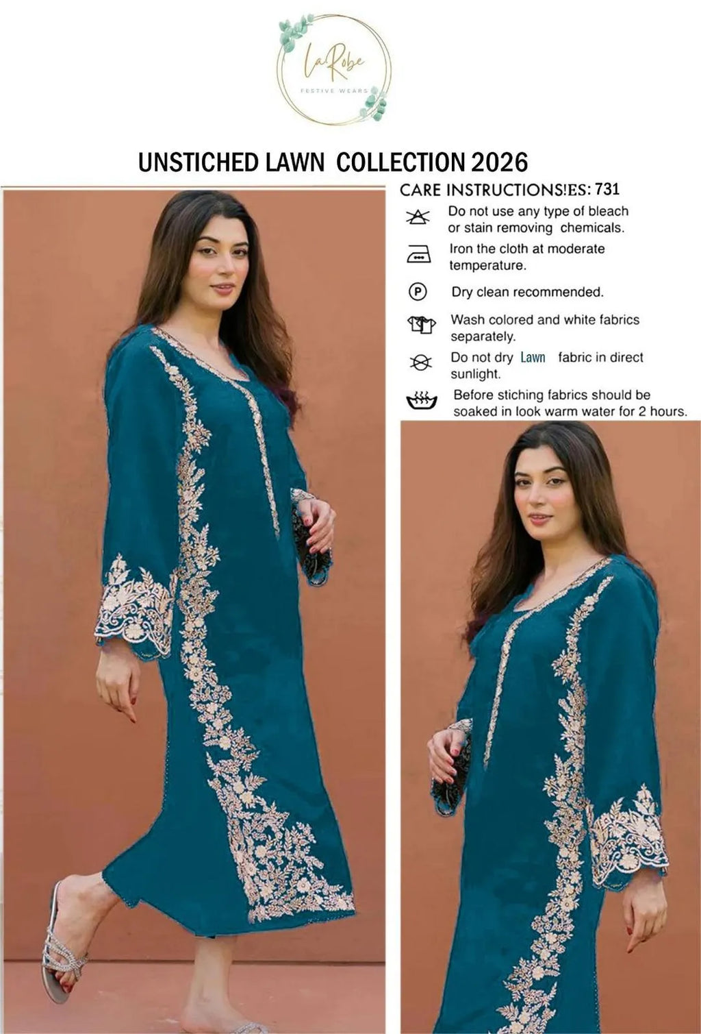 Unstitched Lawn Suit Blue Gold Embroidery M041