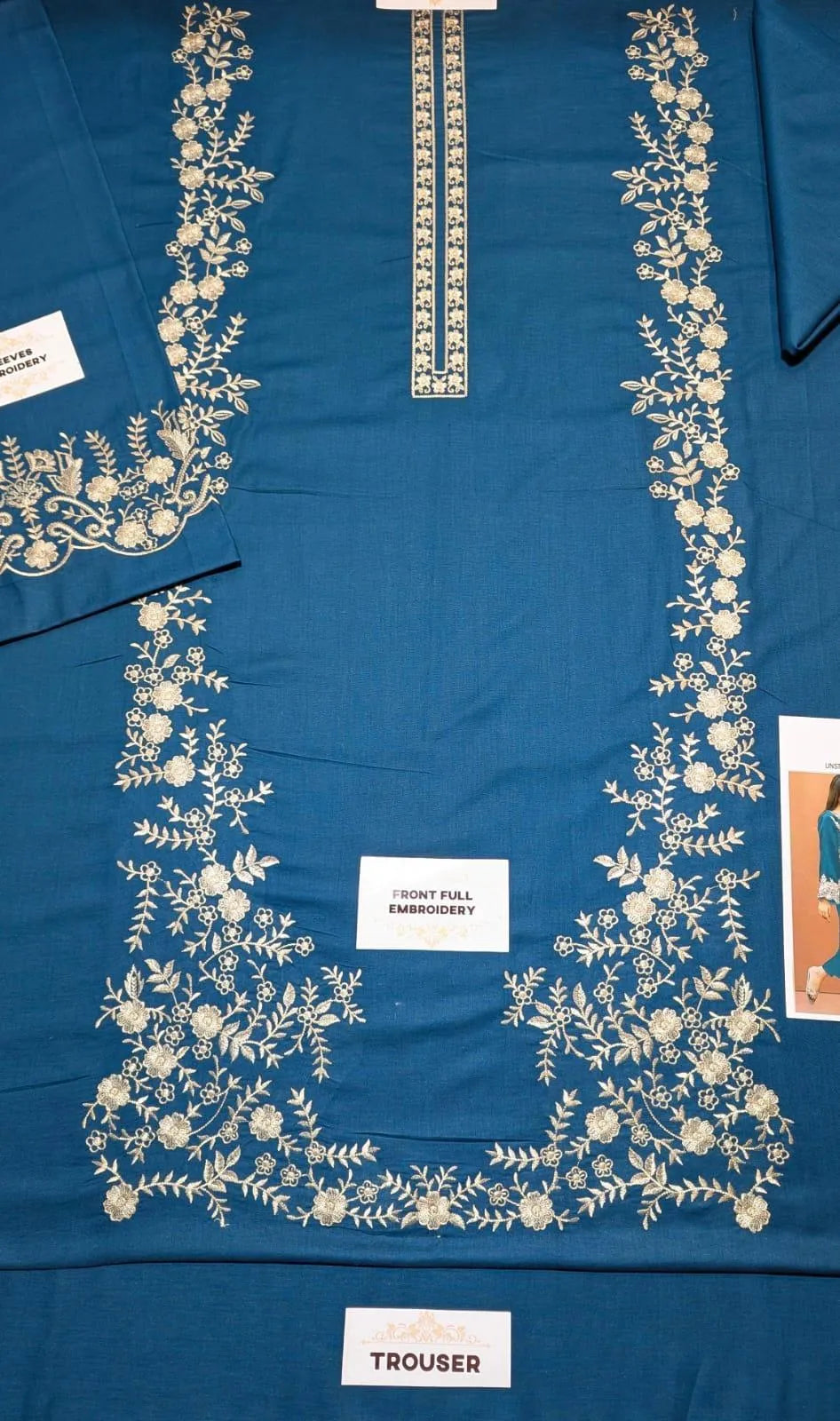 Unstitched Lawn Suit Blue Gold Embroidery M041